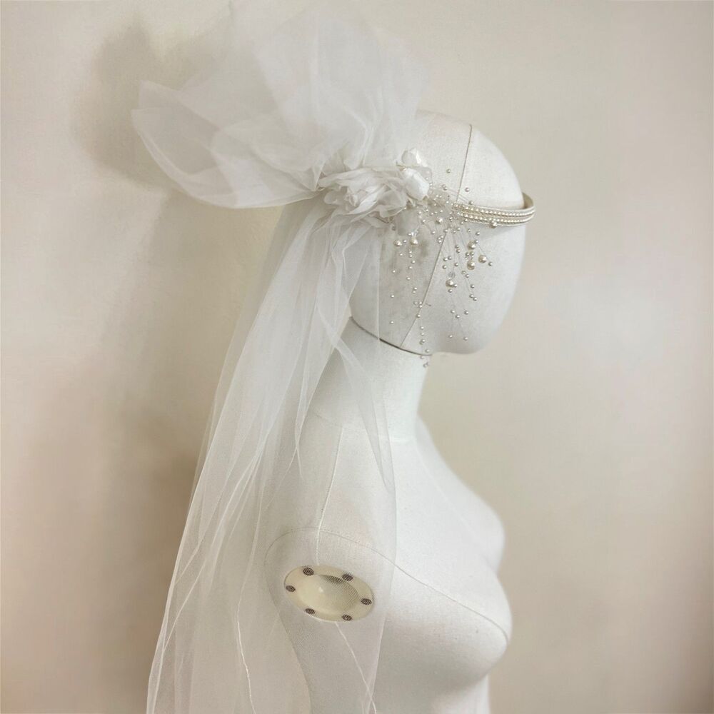 Vintage 80s Bridal Headpiece Veil Pearl-Beaded Headband Tulle Pouf Pearl Spray